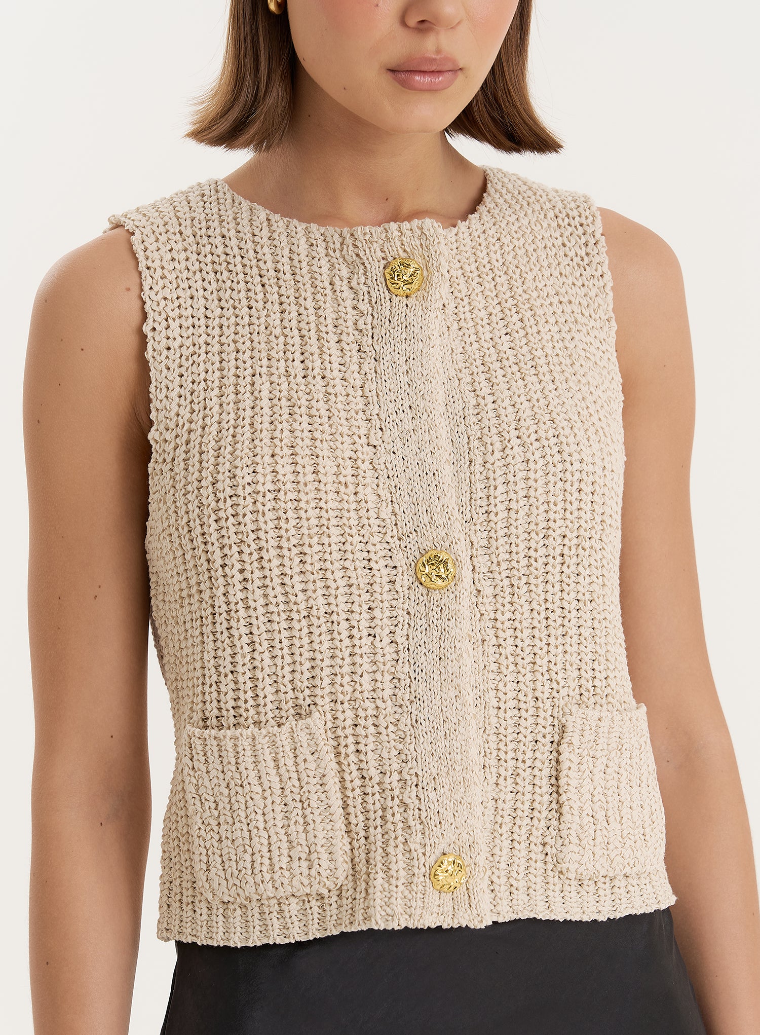 Beige Boucle Knit Sleeveless Waistcoat
